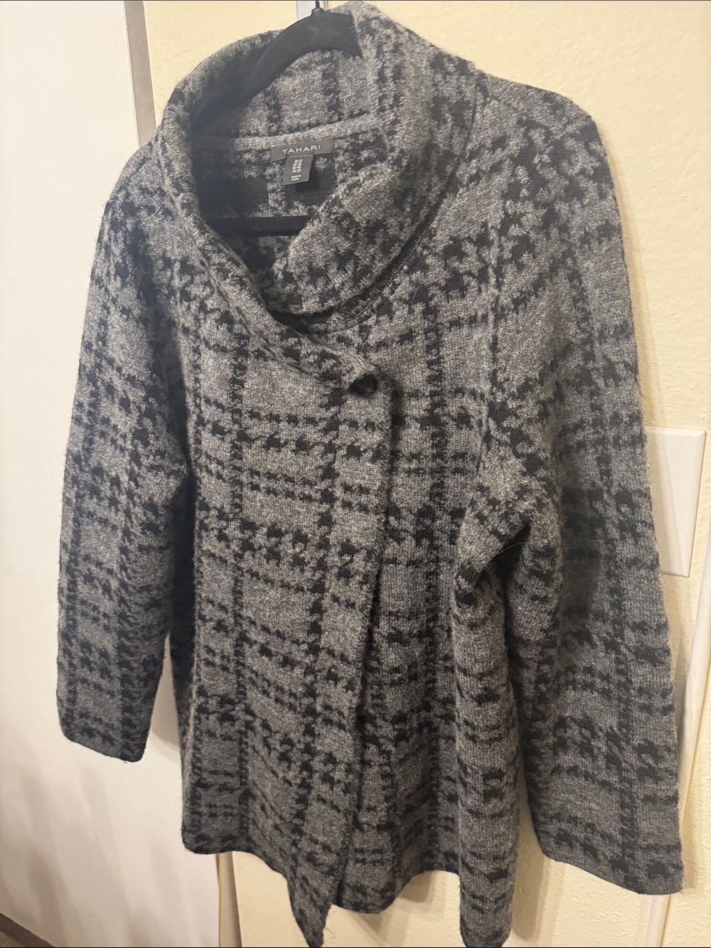 Charcoal Plaid Funnel Neck Shawl Collar Wool Blend Cardigan Sweater Jacket 1X
